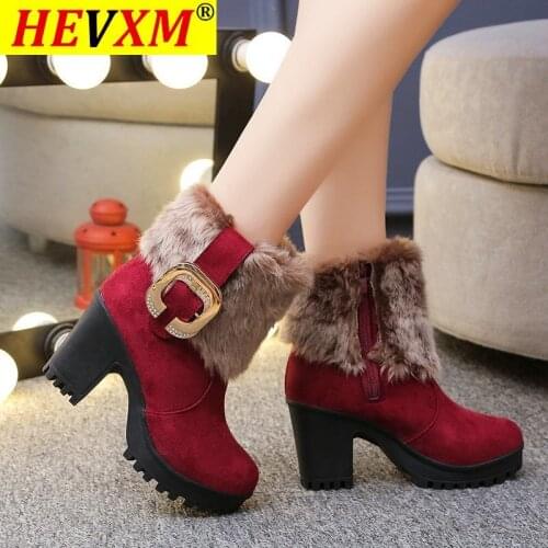 Warm Fur Snow Boots Women Classic Buckle Ladies Boots High Heels Black Platform Ankle Boots Square Heel Winter Women Shoes