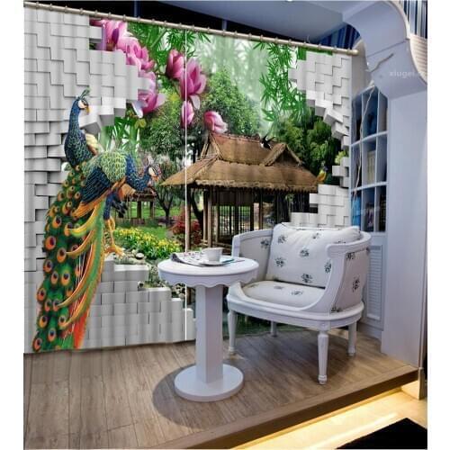 Peacock curtains brick 3D Curtain Printing Blockout Polyester Photo Drapes Fabric For Room