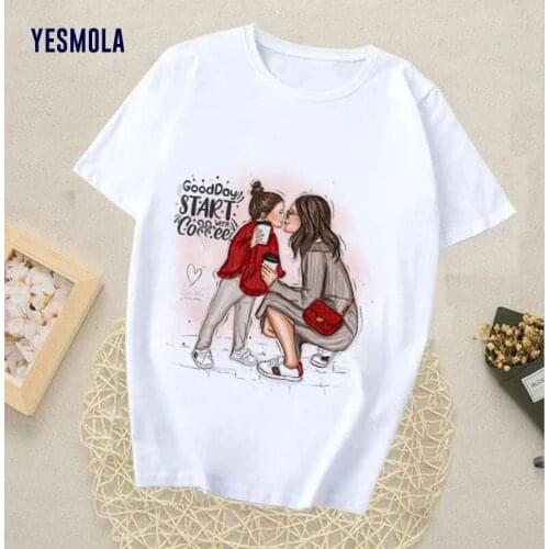 YESMOLA Women 2021 Cartoon Momlife Mom Boy Girl Print Parent Child Wear Mother Lady T-shirts Ladies Graphic Female Tee T-shirt