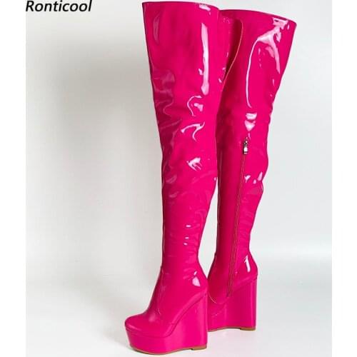 Ronticool Handmade Women Winter Platform Thigh Boots Patent Wedges Heel Round Toe 10 Colors Night Club Shoes Women Us Size 5-20