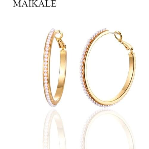 MAIKALE Luxury Gold Hoop Whole Pearl Two Size Circle Earrings for Women Jewelry Fashion Accessories Gifts Brincos High Quality