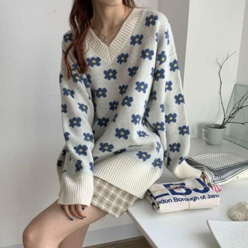 Korean Woman Jumper Floral Print Pullover Sweater Oversize Long Sleeve Top Lazy V Neck Knitted Sweaters Fall 2021 Women Clothes