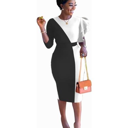 Womens Elegant Dress Ruffled Patchwork High Waist Long Skirt Work Business Office Wear Mid-Length Dress