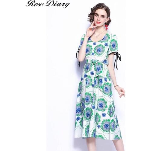 2021 Summer Half Lantern Sleeve Chiffon Dress Women Floral Printed Ruffled Bow Collar Elegant Pleated Female Mid-Calf Vestidos