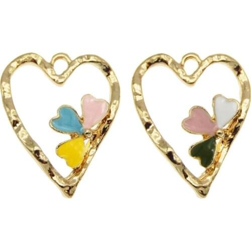6pcs Hearts Flower Charms For Earrings Necklace Gold Color Tone Charm Pendants Alloy Metal Enamel Charms For DIY Jewelry Making