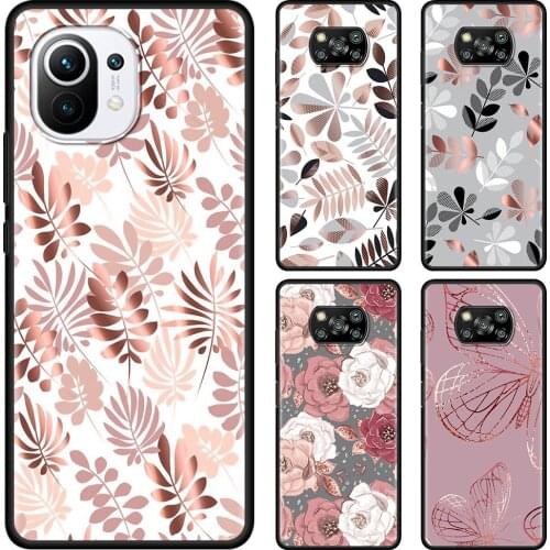 Phone Case For Mi 11X Pro 11 Ultra 11i 10T 10 10S 9 9T 9SE 8 Lite Cover Soft Shell Balck Fundas Pink Flower Leaf