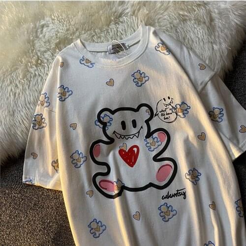 Printing T-shirt Summer Short-Sleeved Round Neck Mens Fashion Loose Cotton All-match Style INS Lovers Student BF