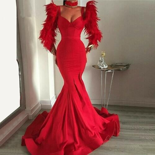 Red Fur Satin Mermaid Long Sleeve Evening Party Prom Dress robes de soireeCelebrity Formal Gown Abendkleid Plus Size