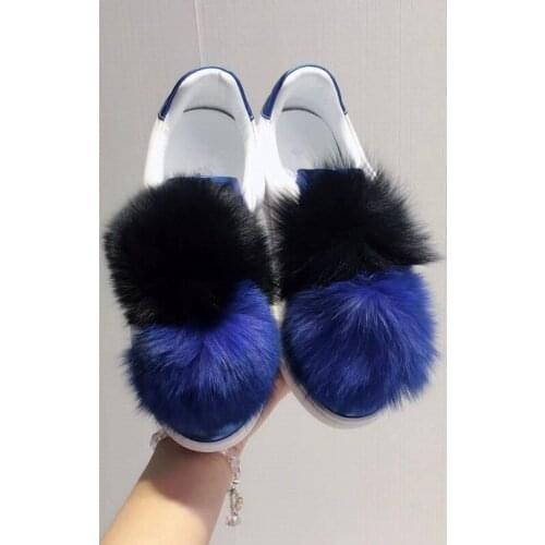 Fornihapfirafs Blue Black Lovely Pompom Fur Embellished Low-Top Sneakers Women Leather Patchwork Mixed Color Women Casual Shoes
