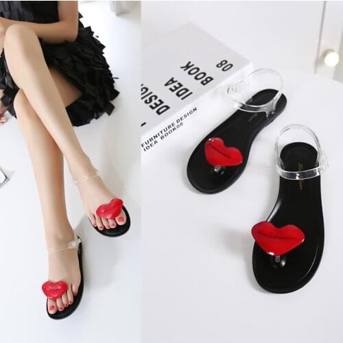 Fashion Bohemian Style Shoes Beautiful Red Lips Inlay Jelly Sexy Flat Sandals For Women (Size 35-40)