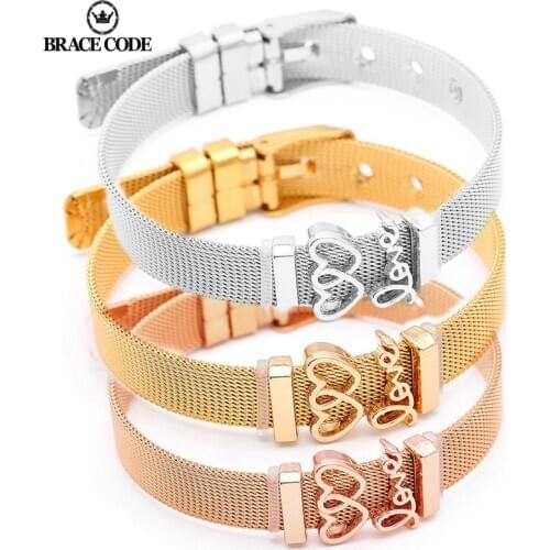 Fashion Adjustable Gold Color Stainless Steel Mesh Bracelet Set Love Heart Charm Fine Bracelet Bangle for Woman Jewelry Gift