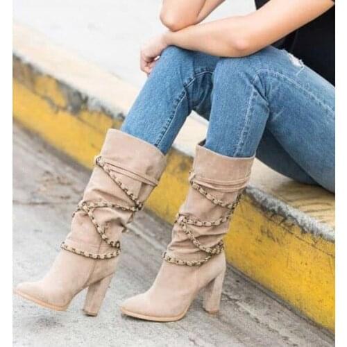 Moraima Snc Khaki Suede Boots Straps Chunky Heel Mid Calf Boots Autumn Chains Decorations High Heel Woman Boots Shorts Boots