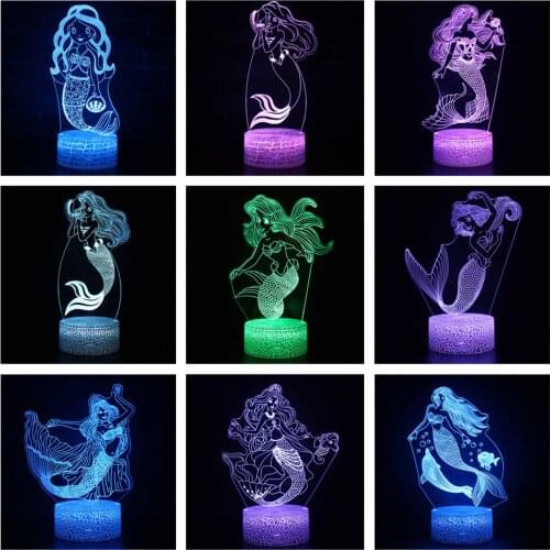 Disney Mermaid Princess Ariel Anime 3D Night Lights Lamp Cartoon Girl Gift Kids Led Decor Home Colorful Novelty Lighting Lampara