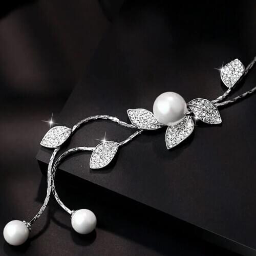 2021NEW Simulated Pearl Leaf Choker Necklaces for Women Silvery Color Chain Long Necklace Pendant Jewelry Accessories Trendy