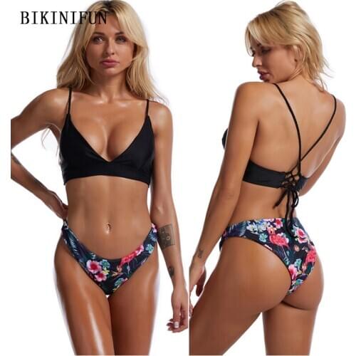 2021 New Deep V Swimwear Triangle Bralette Swimsuit Solid Black Top Beachwear S-XL Girl Floral Bottom Bathing Suit Bikini Set