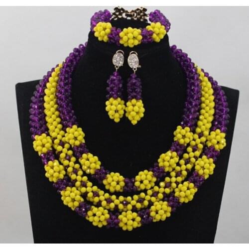 Charms 3 Layers Crystal Statement Necklace Set Handmade Nigerian Indian Purple Beads Jewelry Set Yellow Bead Free Shipping WD644