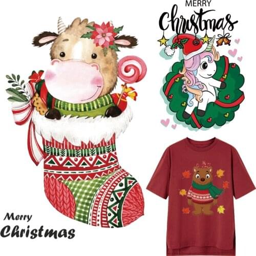 Christmas Patches Cute Bear Thermal Stickers on Clothes Iron-on Transfers for Clothing Thermoadhesive Patch Diy Unicorn Applique