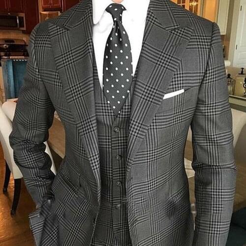 Slim Fit Grey Plaid Men Suits For Wedding Custom Made Business Blazers Formal Working Groom Wear 3 Pieces Jacket+Vest=Pants 2021