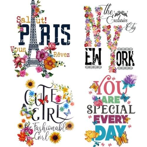 Flowers Tower Letter Patches Thermal Iron Heat Transfer Stickers Heat Transfer Vinyl Patch Iron On Transfer For Clothing T-shirt