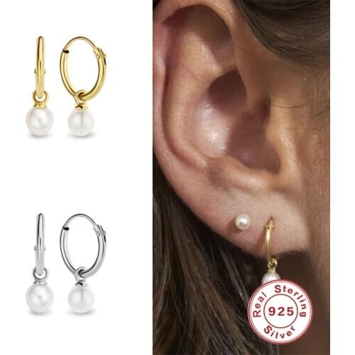 Aide INS Fashion Pearl Drop Pendant Hoop Earrings for Women Girls Wedding Earrings 925 Sterling Silver Simple Jewelry Oorbellen