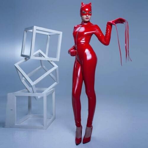 S-XXL Women Sexy PVC Leather Catsuit Wetlook Leather Jumpsuit jumpsuit Bodysuit With Cat Mask
