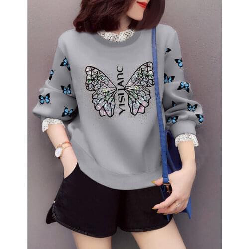 Lazy Butterfly Printing Fake Two-piece Plus Velvet Thick Sweater 2021 Autumn and Winter Womens New Pullover