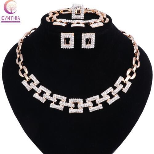 Women Shining Crystal Rhinestone Bridal Jewelry Set African Wedding Jewelry Set Necklace Earrings Bracelet Ring Gift 2 Colors