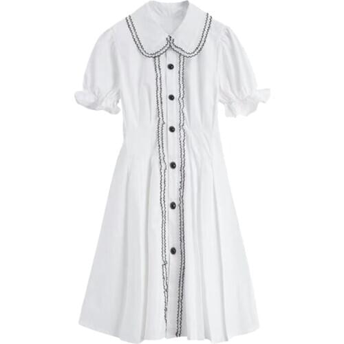 PERHAPS U Women White Peter Pan Collar Puff Short Sleeve Single-breasted A-line Mini Dress Summer Female D2635