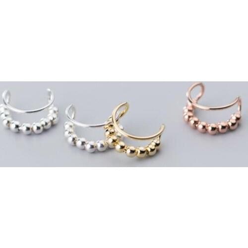 1pair (No pierced) Real. 925 Sterling Silver Jewelry Double Rows Multilayer Beads Clip On Cuff Earrings Ear-Bone C-G4810