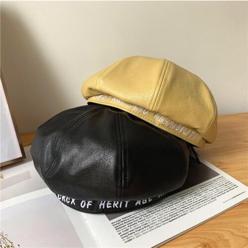 PU Leather Letter Embroidered Berets Hats High Quality Trendy Painter Hats for Women Solid Color Wild Casual Hats Holiday Gift