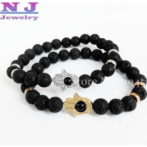 Big Promotion Jewelry Black Lava Energy Stone Beads Gold Hamsa Hand Bracelets Wholesale New Products for Mens and Womens GIft