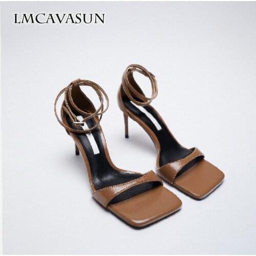 LMCAVASUN ZA Syle TRF Women Sandals One Stap In Font Square Toe Back Cover Heels High Thin Heels Shoes Women
