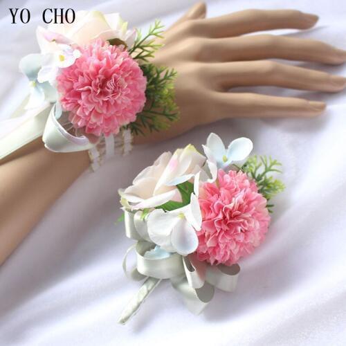 YO CHO Groom Boutonniere Buttonhole Artificial Flowers Wedding Corsage Pin Flowers Rose Cuff Bracelet Bridesmaid Wedding Flowers