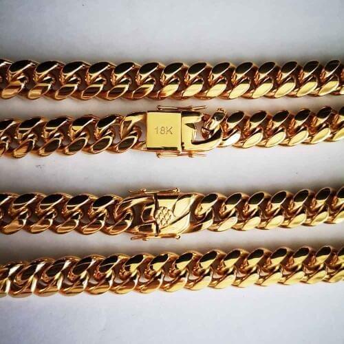 14mm Stainless Steel Miami Curb Cuban Chain Necklace Boys Men gold color Hip hop Dragon Lock Clasp Link jewelry 18 K bracelet
