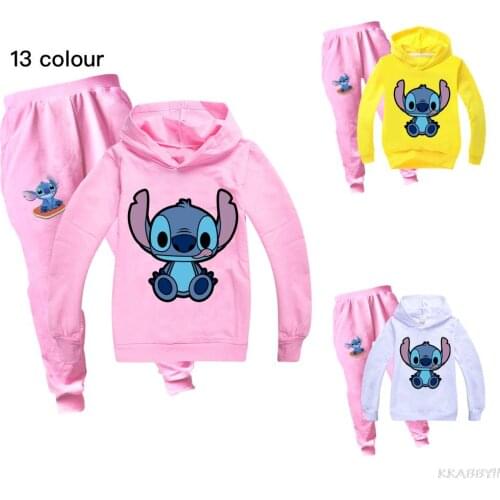STITCH Kids Sports Suit Childrens Hooded Long-sleeved Jacket + Trousers Two-piece Casual Student Clothing Suit