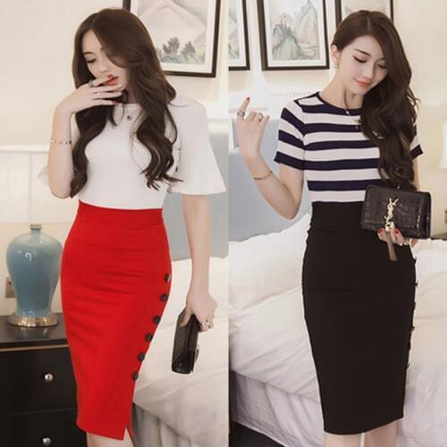 Women Elegant Slim Pencil Skirts Side Split Button Office Ladies Bodycon Fitted Skirts High Waist Ladies Skirt