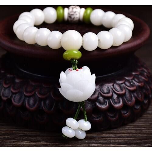 Ethnic Style Handmade Weave Lotus Flower Connect White Quartz Stone Stretchy Bracelet for Women Jewelry