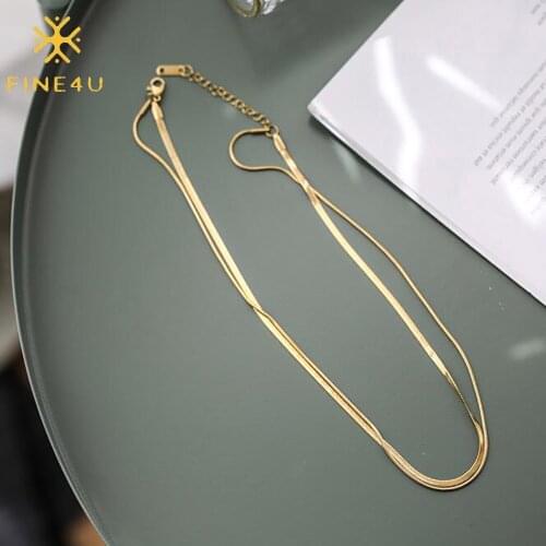 FINE4U N722 Dainty Layered Snake Chain Necklace Nickel-Free Herringbone Link Chain Choker Necklace Womens Small Short Necklaces