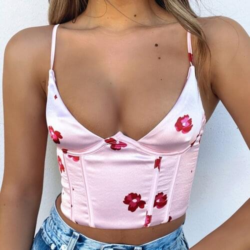 Forefair Staghetti V Neck Satin Corset Top With Straps 2021 Summer Floral Print Clothes Blue Sleeveless Club Women Crop Tops
