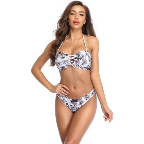 Navy and Floral Halter Mid waisted Bikini Sets Sexy Tank Top Swimsuit Two Pieces Swimwear Women 2020 Beach Bathing Suits