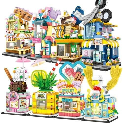 Creative Architecture City Light Street View Building Blocks Cafe Ice Cream Barbershop Florist Clothes Shop Bricks Christmas Toy