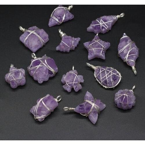 Natural Stone Pendant Sliver Color Wire Wrap Reiki Heal Amethyst for Women Jewelry Making Diy Earring Necklace Accessories