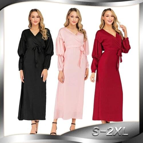 Muslim fashion women abaya dress V-neck pile sleeve slim dress dubai islamic clothing caftan turkish arab robe