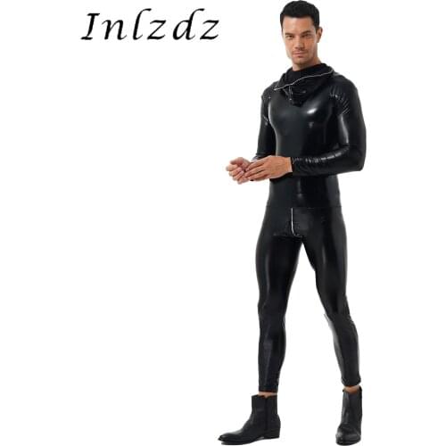 Mens Patent Leather Stage Performance Clubwear Zipper Back Full Hooded Bodysuit Stretchy Skinny Jumpsuits Sexy Role Play Costume