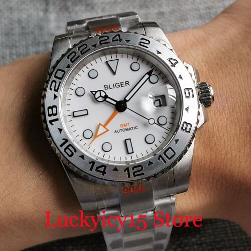 BLIGER Orange Dress 40mm GMT Mechanical Men Watch Date Brushed Oyster Bracelet Unidirectional Bezel Solid Back