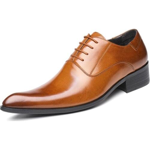 Men Oxford Leather Dress Shoes Genuine Leather Fashion Wedding Brogue Pointed Toe Lace Up Business Shoes Formal Black Party Shoe