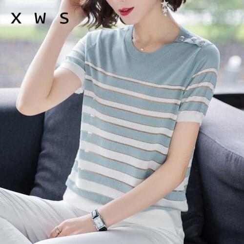 Short sleeve pullovers Women knit sweaters striped basic Ladies sweaters loose thin tricot 2020 summer Korean Knit jumper Tops