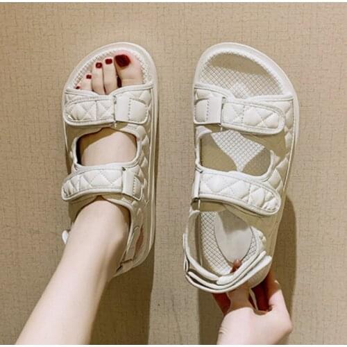 Women Sandals PU Thick Bottom Velcro Ladies Hook Loop Female Shoes Non Slip Gingham Summer Woman Footwear Flat Platform 2021 New