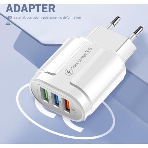 EU Plug 3-Port USB Socket Charger QC3.0 Wall Phone Fast Charging Portable Adapter Travel Charger (White)