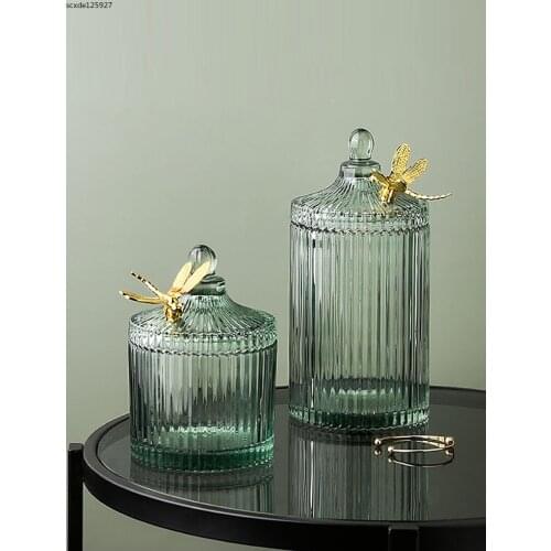 Creative Glass Dragonfly Candy Jar Pink Green Cotton Swab Jewelry Box Household Tea Dried Fruit Snacks Sealed Jar Home Ornaments
